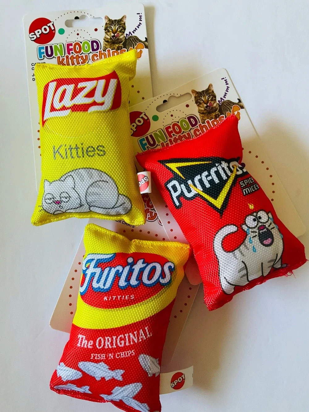 NEW Spot 3pc Fun Food Kitty Chips Catnip Cat Play Toys Crinkle Rattle Sounds